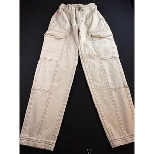 PacSun Womens Cream Denim Cargo Pants High Waisted Contrast Stitch Straight Leg